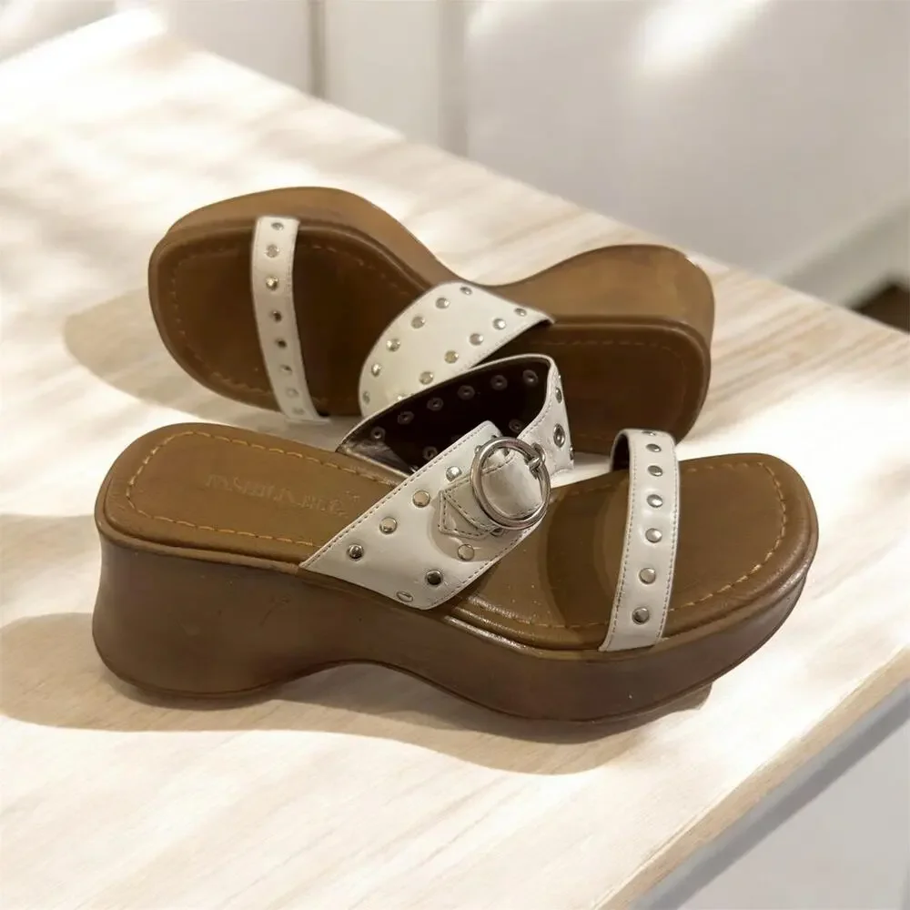 Vintage 90s Y2K Fashion Bug Platform Wedge Sandals Strappy Chunky Size 6.5- 7